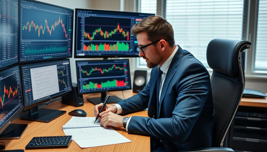 Investor analyzing Bitcoin charts and preparing investment strategy