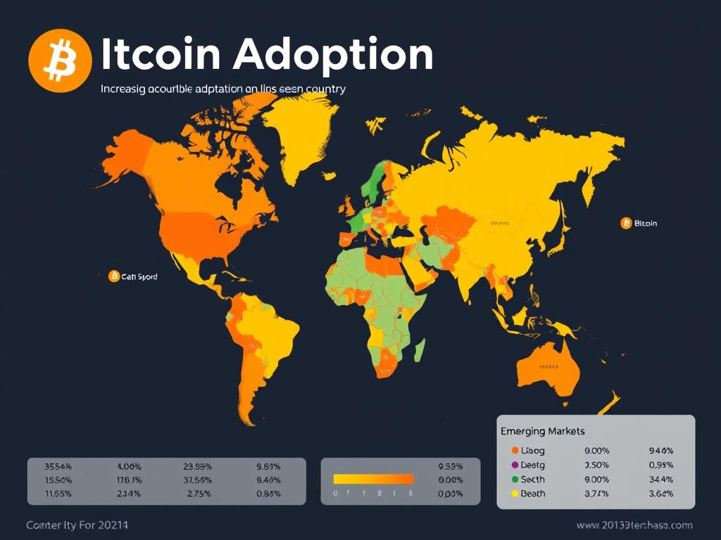 World map showing increasing global Bitcoin adoption rates