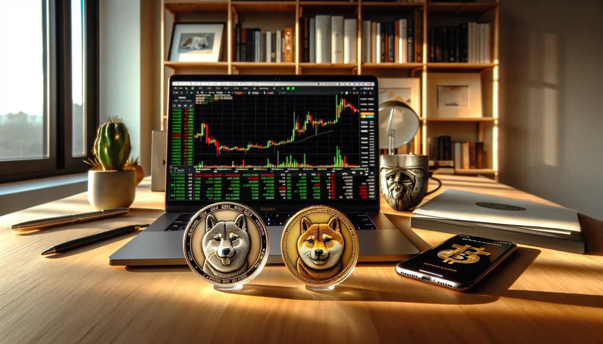 two-cryptocurrency-coins-featuring-shiba-inu-dogs-beside-a-laptop-displaying-crypto-charts-on-a-desk