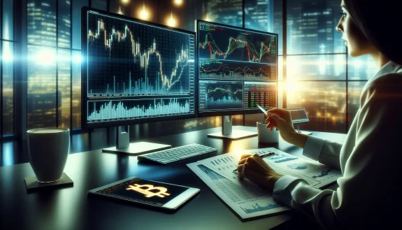 financial-analyst-reviewing-bitcoin-price-charts-and-technical-analysis-on-multiple-computer-monitor