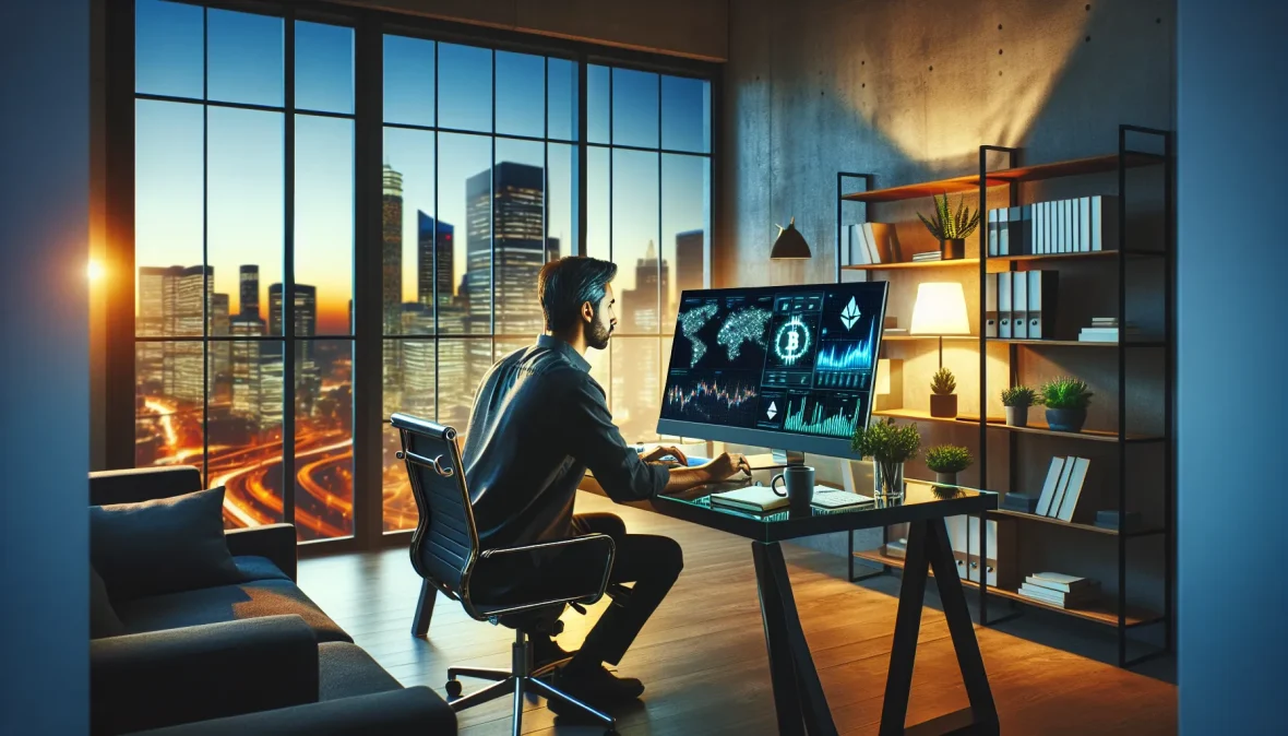 professional-analyzing-cryptocurrency-charts-and-new-token-launches-on-computer-monitor-at-modern-de