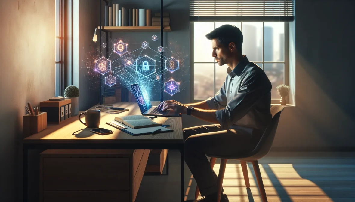 professional-working-on-laptop-with-blockchain-and-defi-interfaces-in-modern-home-office