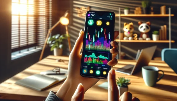 smartphone-displaying-meme-coin-trading-charts-with-cartoon-dog-icons-in-home-office-setting