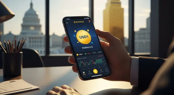 smartphone-showing-binance-usd1-stablecoin-app-in-a-nyc-office-with-trump-tower-view