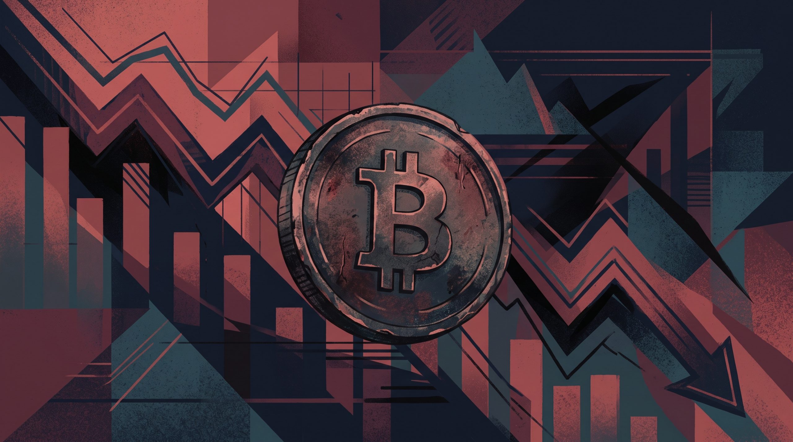 Illustration of a bitcoin symbol in front of a declining market chart