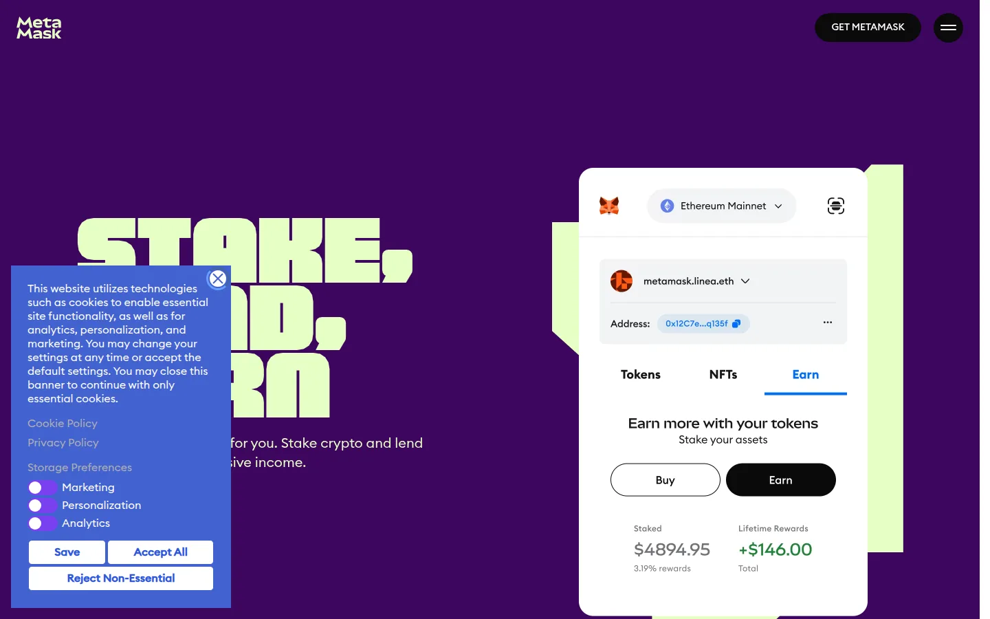 MetaMask Earn page showing pooled staking, validator staking and liquid staking options for ETH with their deposit requirements and payout frequencies.